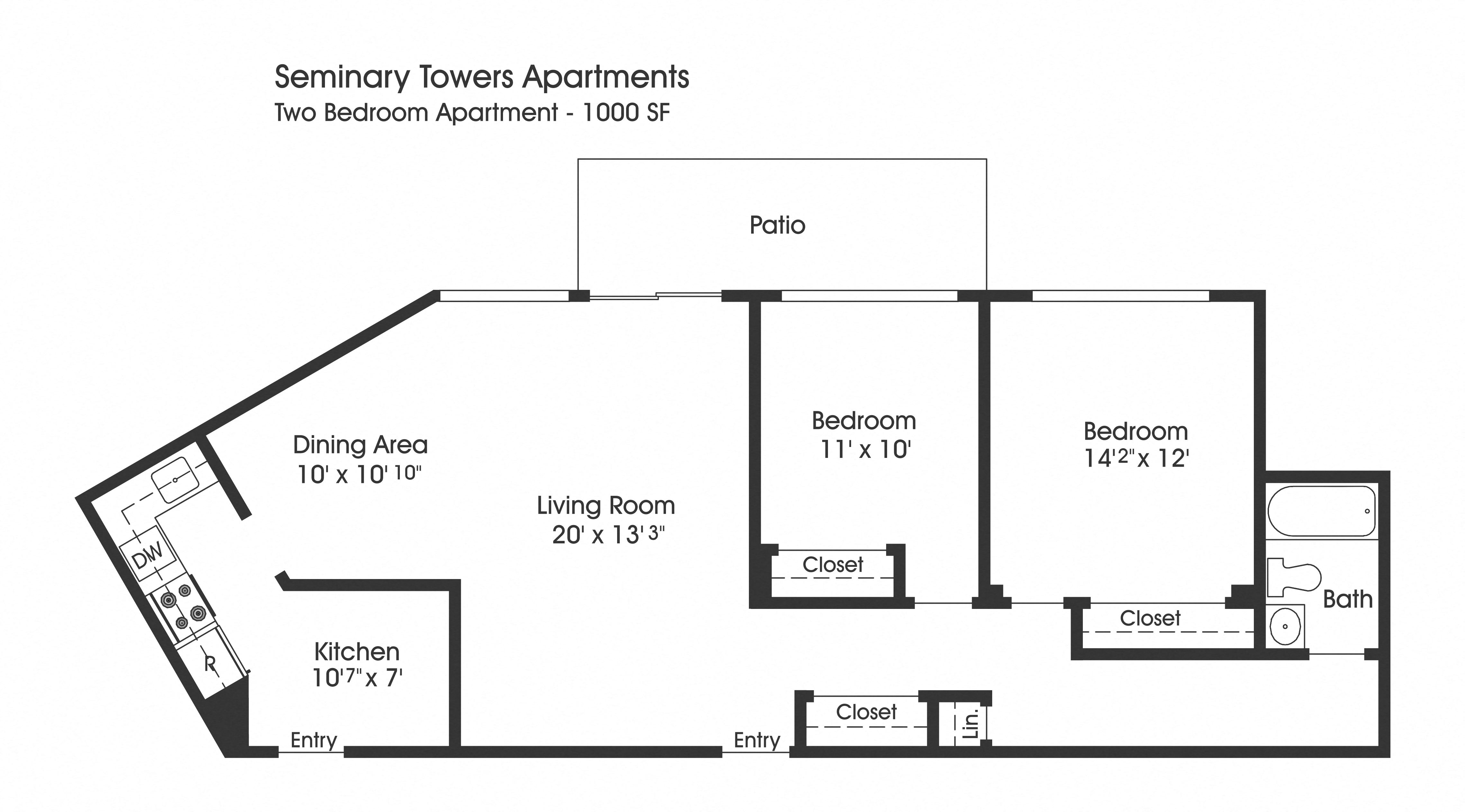 Floor plan for 2 beds, 1 bath, 1005 sqft